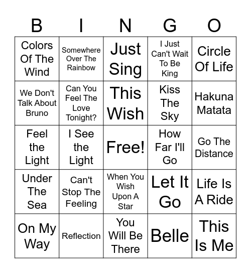 Disney Songs Bingo Card