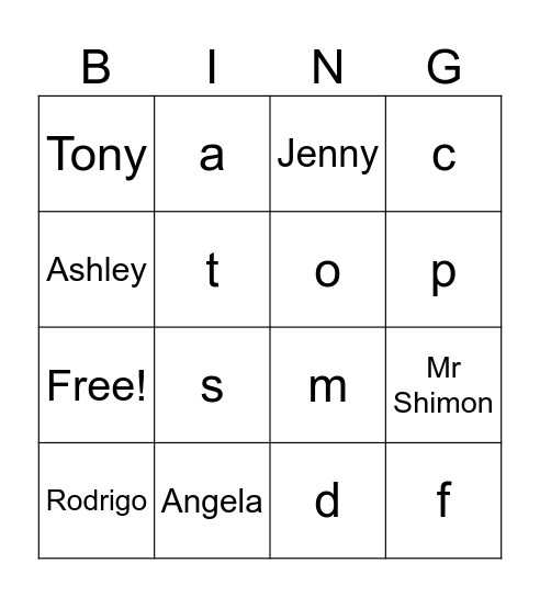 Kindergarten BINGO Card