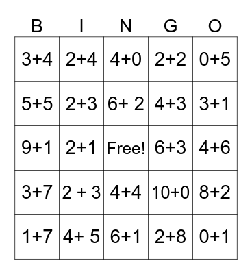 Addition to 10 Bingo Card