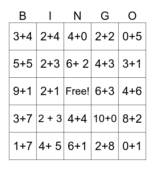 Addition to 10 Bingo Card