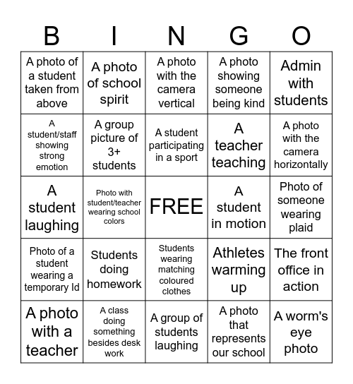 Yearbook Photo Scavenger Hunt Bingo Card