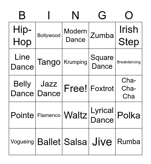 Types of Dance Bingo Card
