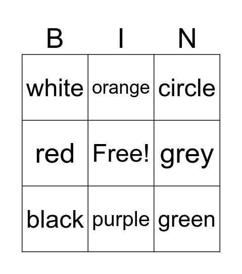 colours and shapes Bingo Card