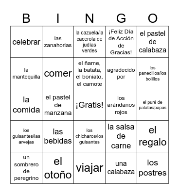 Feliz Día de Acción de Gracias Bingo Card