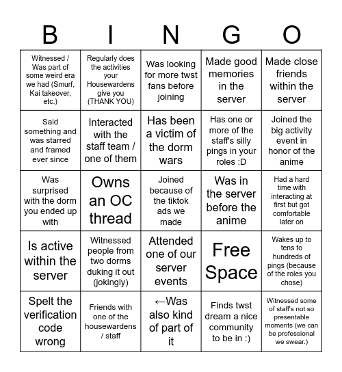 TWST Dream Member Bingo Card