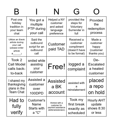 Early Stage Bingo Card