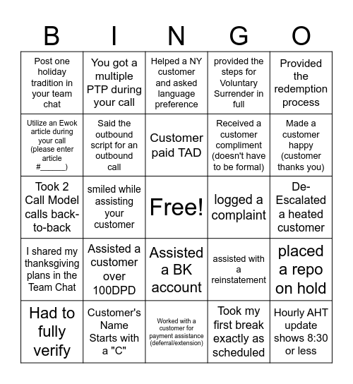 Early Stage Bingo Card