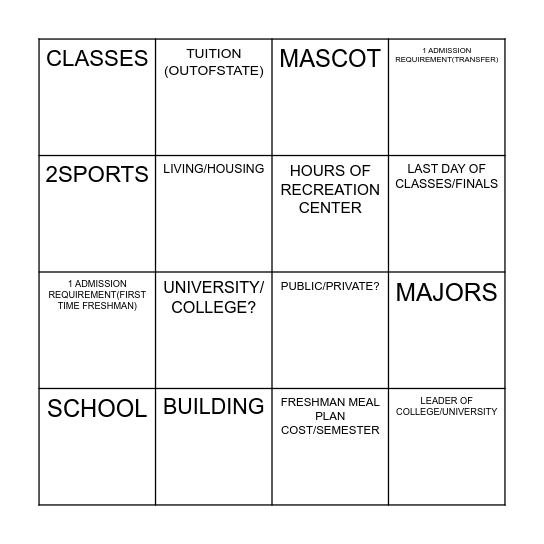 NEBRASKA COLLEGES BINGO Card