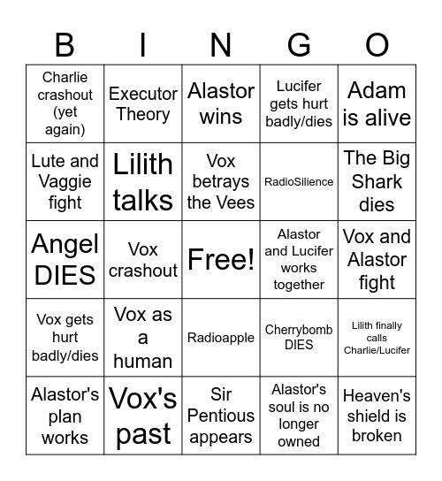 Hazbin Hotel Season 2 Episode 7 and 8 Bingo Card