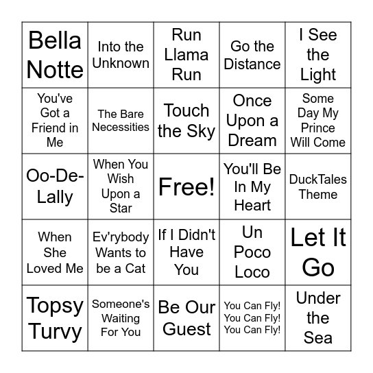 Disney Songs! Bingo Card