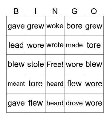 Irregular Past Tense Verbs Bingo Card