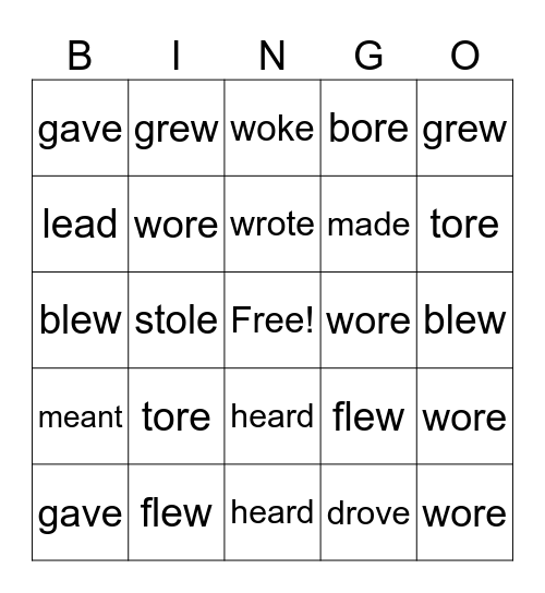 Irregular Past Tense Verbs Bingo Card