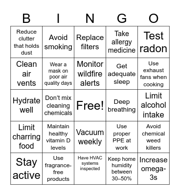 Lung Cancer Prevention Bingo Card