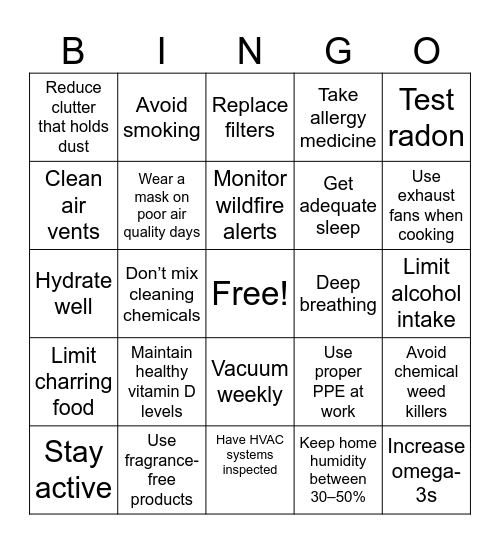 Lung Cancer Prevention Bingo Card