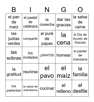 EL DÍA DE ACCIÓN DE GRACIAS Bingo Card