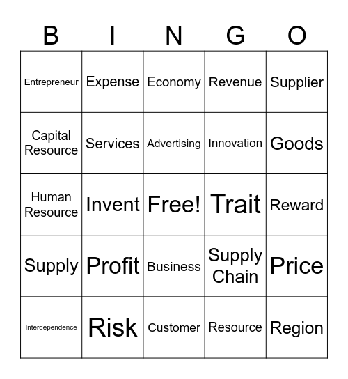 Entreprenuer Bin Bingo Card
