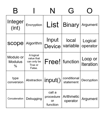 Computer Science Essentials Vocabulary Bingo Card
