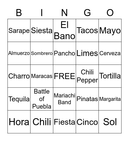 Cinco de Mayo Bingo Card