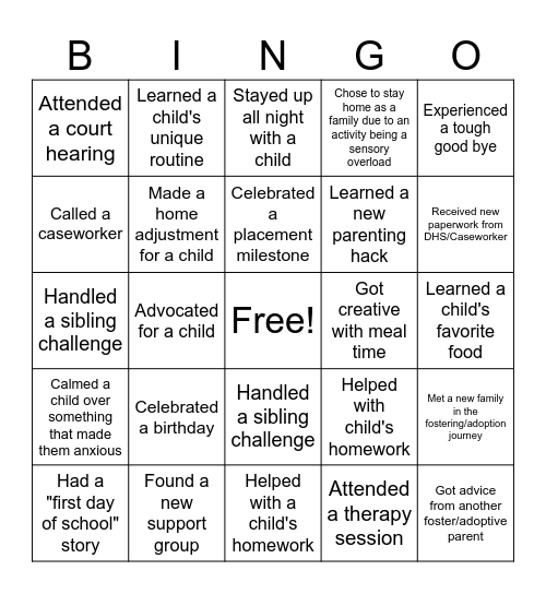 Adventures in Adoption and Foster Care Bingo Card