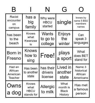 Black Student Union Bingo Card