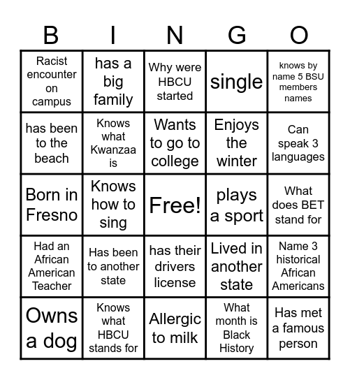 Black Student Union Bingo Card