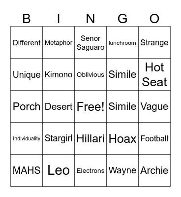 Stargirl Novel Bingo Card