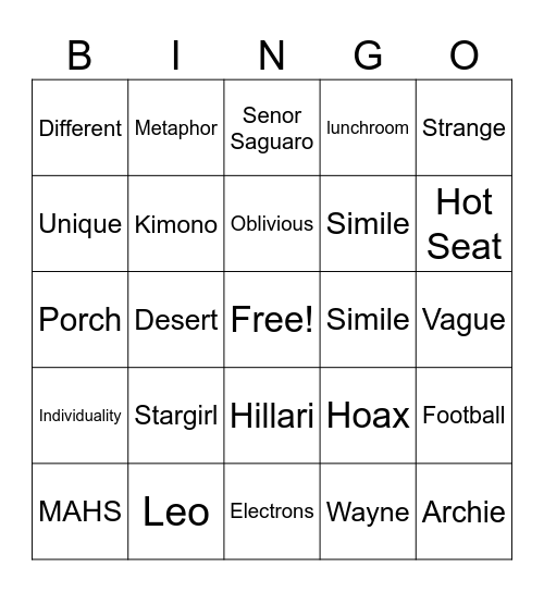 Stargirl Novel Bingo Card