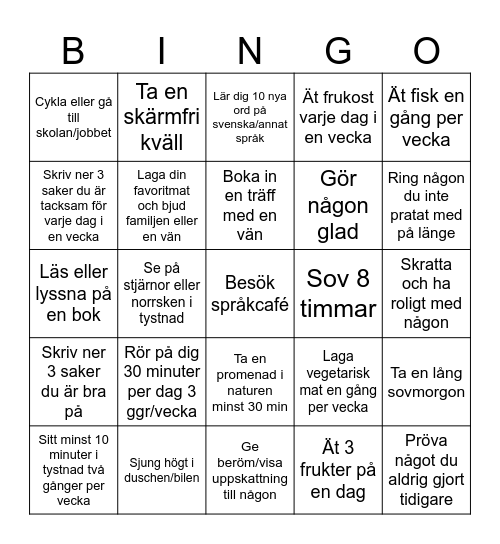 MÅ BRA BINGO - SPRÅKCAFÉ Bingo Card