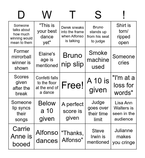 DWTS Bingo Card