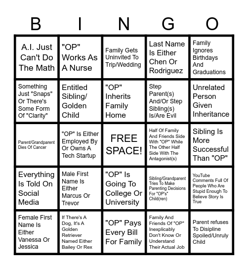 A.I.-Generated Story Bingo Card