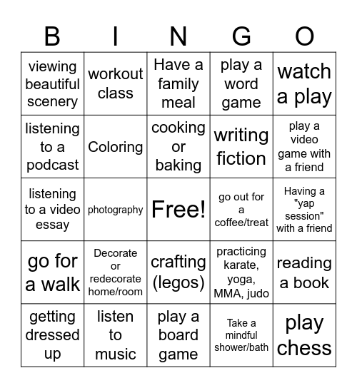 Accumulate Positive Experience Bingo Card