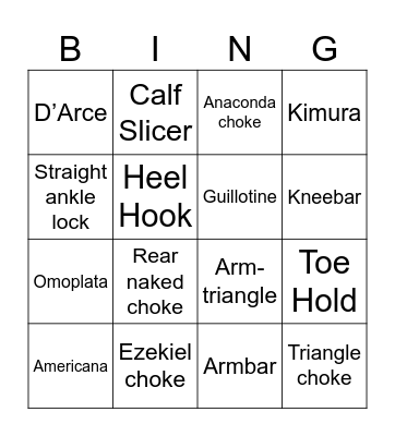 Brazilian Jiujitsu Submission Bingo Card