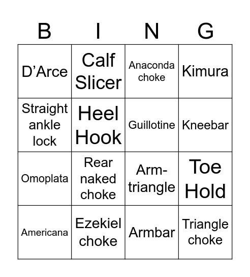 Brazilian Jiujitsu Submission Bingo Card
