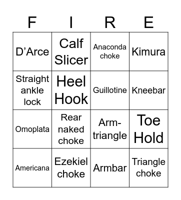 Brazilian Jiujitsu Submission Bingo Card