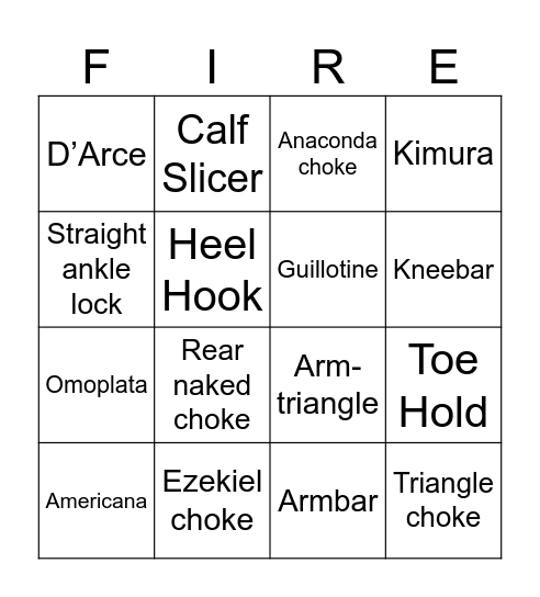 Brazilian Jiujitsu Submission Bingo Card