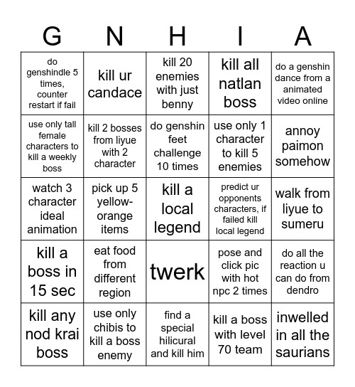 genshin task bingo Card