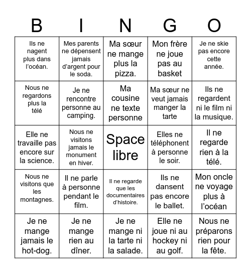 La Nègation Bingo! Bingo Card