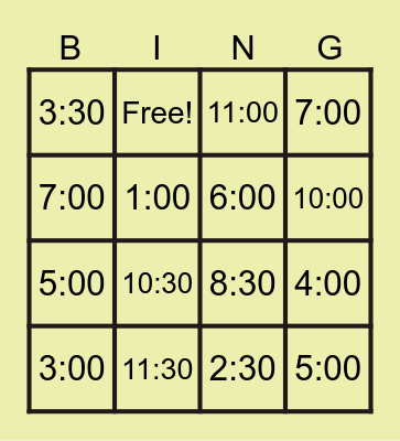 DIGITAL TIME BINGO Card
