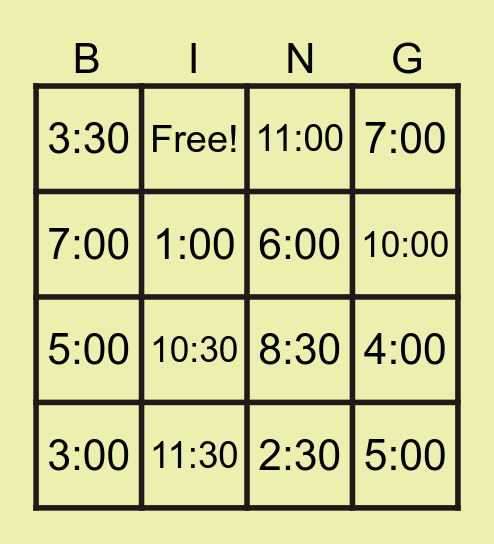 DIGITAL TIME BINGO Card