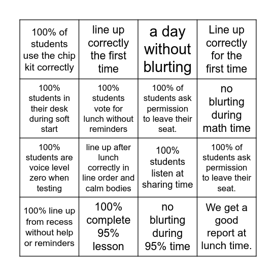 Behavior Bingo Card