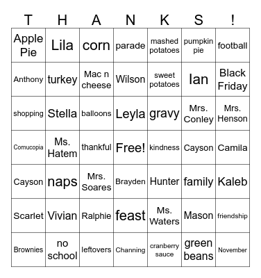 Thanksgiving Bingo! Bingo Card
