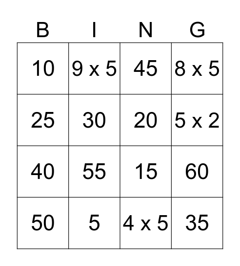 5 Times Tables Bingo Card