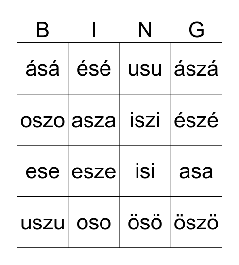 S- SZ Bingo Card