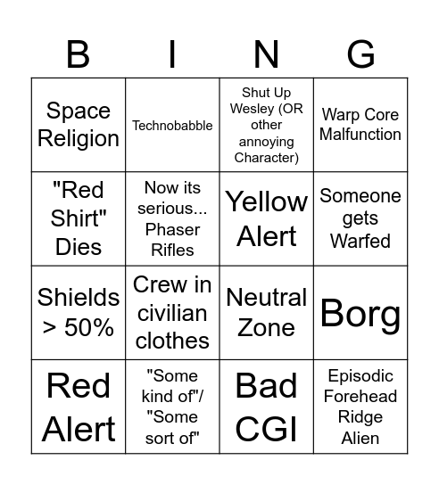Star Trek Dringing Bingo Card