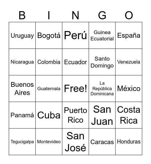 Spanish speaking countries & capitals Bingo Card
