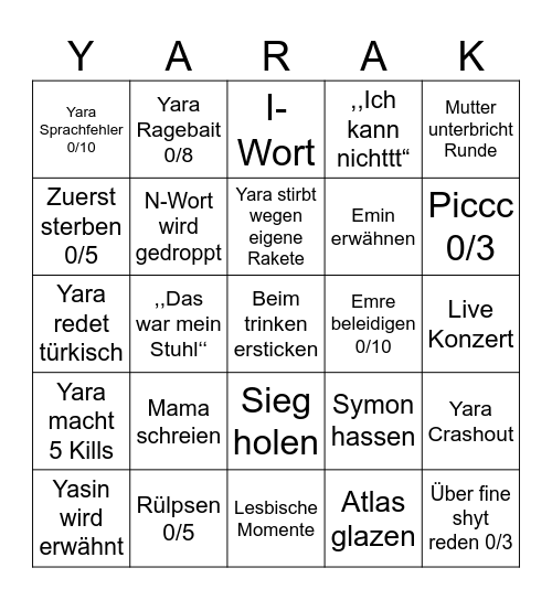 Zocken mit Yara Bingo Card