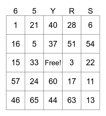 65 YEARS Bingo Card