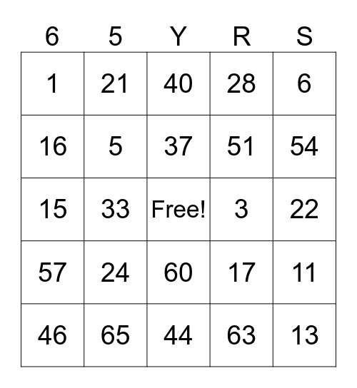 65 YEARS Bingo Card