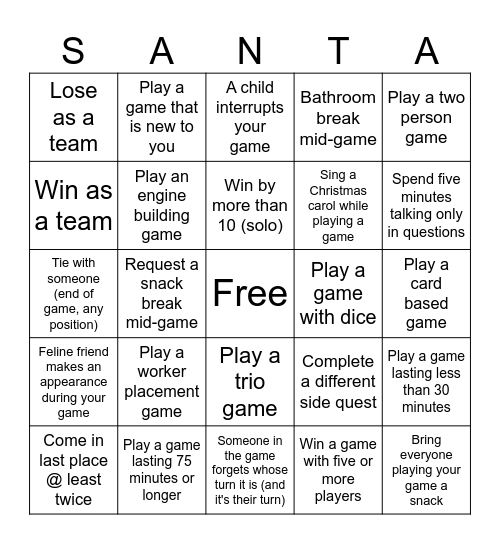 Santa's Side Quest Bingo Card