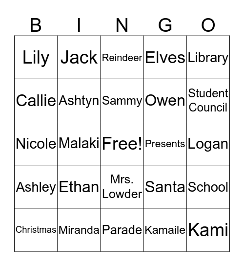 Student Council Christmas  Bingo Card